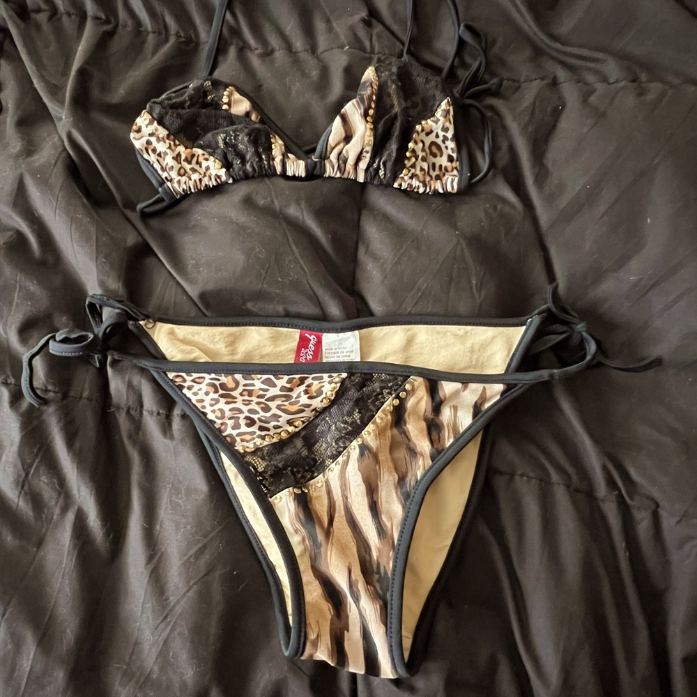 Guess cheetah lace string bikini set